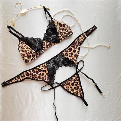 Leopar Desenli Dantelli Seksi Jartiyer Takım