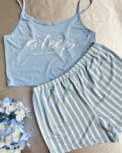 Likralı Mavi Çizgili Pijama Takımı