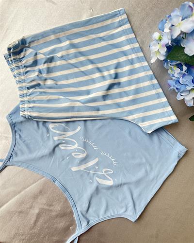 Likralı Mavi Çizgili Pijama Takımı