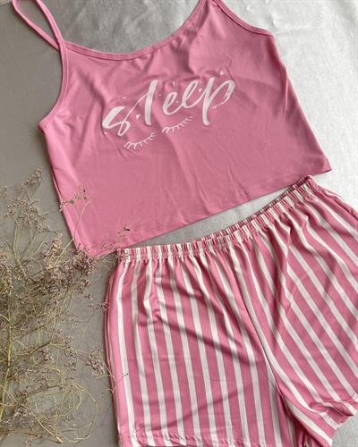 Likralı Pembe Çizgili Pijama Takımı