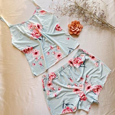 Likralı Şortlu Çiçekli Mavi Pijama Takımı