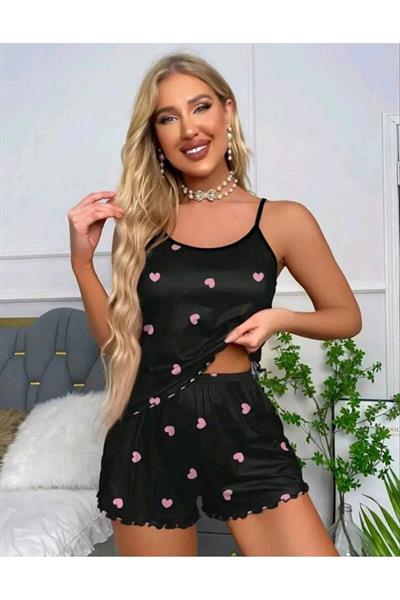 Likralı Şortlu Pembe Kalpli Siyah Pijama Takımı