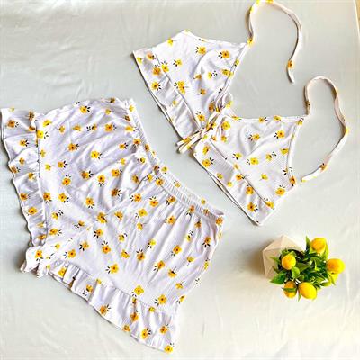 Likralı Şortlu Sarı Çiçekli Pijama Takımı