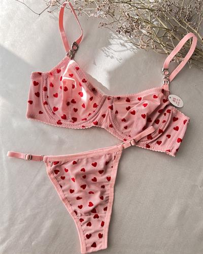 Love Taşlı Kalp Baskılı Pembe Sütyen Takım