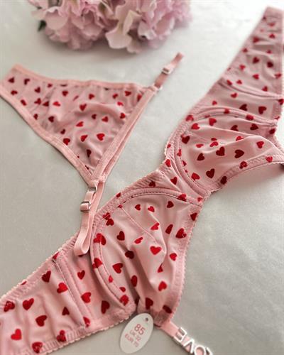 Love Taşlı Kalp Baskılı Pembe Sütyen Takım