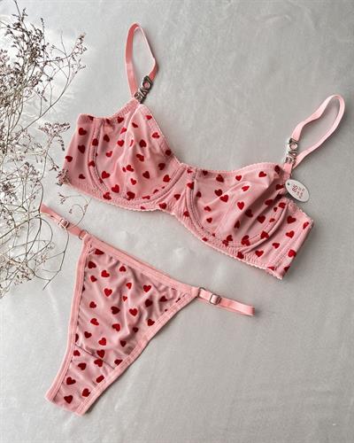 Love Taşlı Kalp Baskılı Pembe Sütyen Takım