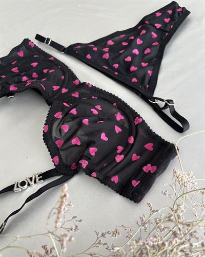 Love Taşlı Kalp Baskılı Siyah Sütyen Takım