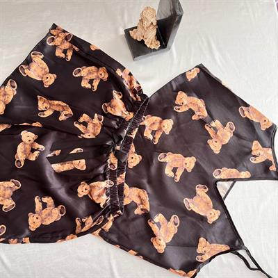 Saten Şortlu Ayıcıklı Siyah Pijama Takımı