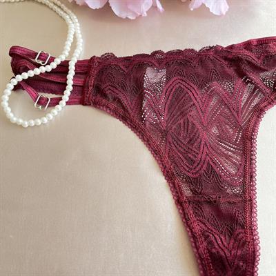YANLARI BANTLI DANTEL TANGA - Bordo