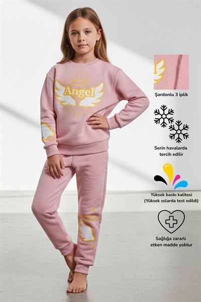 Angel Kanat Baskılı Işık Dolu Kız Çocuk Alt Üst Eşofman Takım | 4-9 Yaş