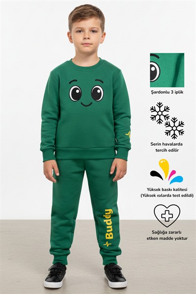 Buddy Gülen Yüz Baskılı Sevgi Dolu Unisex Çocuk Alt Üst Eşofman Takım | 4-9 Yaş