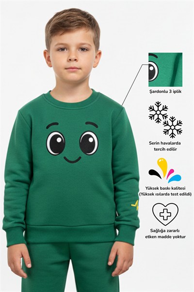 Buddy Gülen Yüz Baskılı Sıcak Unisex Çocuk Sweatshirt Eşofman Üstü | 4-9 Yaş