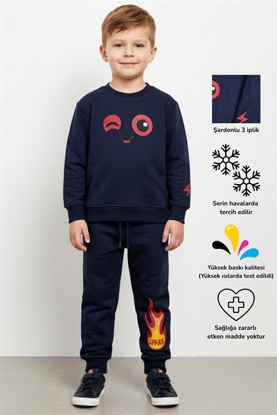 Spark Alev & Sevimli Yüz Baskılı Unisex Çocuk Alt Üst Eşofman Takım | 4-9 Yaş