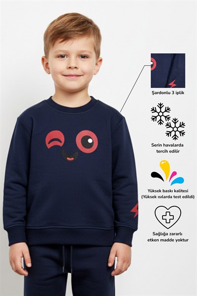 Spark Sevimli Yüz Baskılı Neşeli Unisex Çocuk Sweatshirt Eşofman Üstü | 4-9 Yaş
