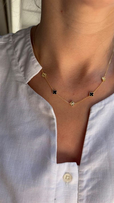 5'li Siyah Sedefli Yonca Gold Kolye