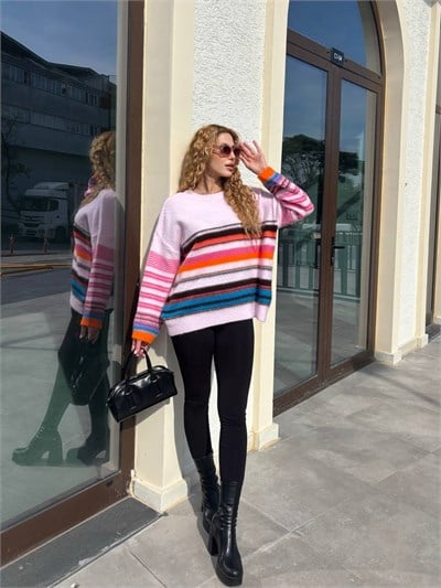 Bisiklet Yaka Çizgili Salaş Oversize Pembe Renkli Kazak