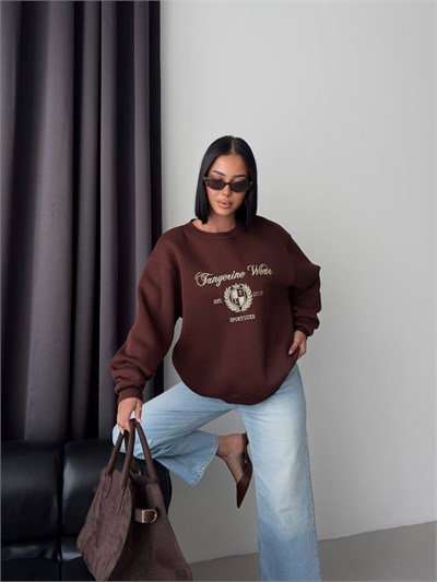 Bisiklet Yaka Nakışlı Oversize Sweat