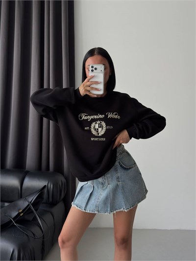 Bisiklet Yaka Nakışlı Oversize Sweat