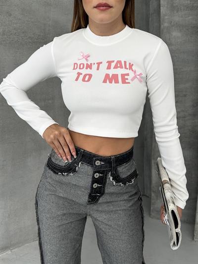 Bisiklet Yaka Yazılı Baskılı Fiyonklu Crop Bluz