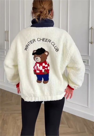 Düğmeli Dik Yaka Geyik Ayıcık Nakışlı Oversize Salaş Lastikli Sweatshirt