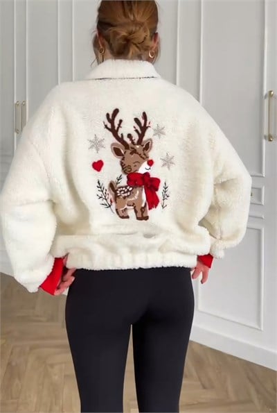 Düğmeli Dik Yaka Geyik Ayıcık Nakışlı Oversize Salaş Lastikli Sweatshirt