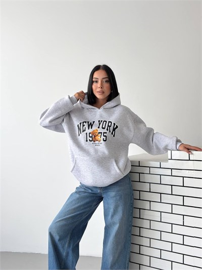 Kapüşonlu Oversize Ayıcık Baskılı Sweatshirt