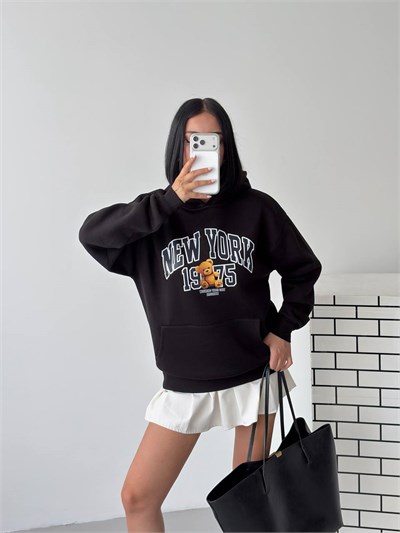 Kapüşonlu Oversize Ayıcık Baskılı Sweatshirt
