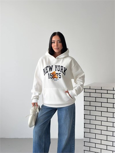 Kapüşonlu Oversize Ayıcık Baskılı Sweatshirt