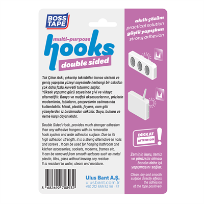Boss Tape Askı Tak-Çıkar 40X40 Mm 2 Kg Beyaz 2 Li Bls. Bt-11015