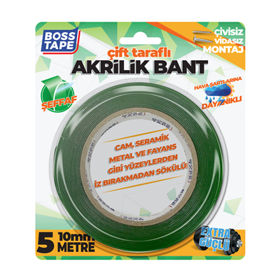 Boss Tape Montaj Bandı Çift Taraflı Akrilik 10 mm x 5 mt Blister Bt-01006