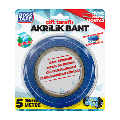 Boss Tape Montaj Bandı Çift Taraflı Akrilik 19 mm x 5 mt Blister Bt-01005