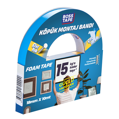 BOSS TAPE MONTAJ BANDI ÇİFT TARAFLI KÖPÜK BEYAZ 15 KG 18 MM x 10M BLS. BT-01015