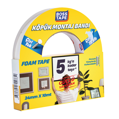BOSS TAPE MONTAJ BANDI ÇİFT TARAFLI KÖPÜK BEYAZ 5 KG 24 MM x 10M BLS. BT-01013