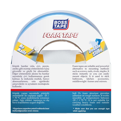 BOSS TAPE MONTAJ BANDI ÇİFT TARAFLI KÖPÜK BEYAZ 15 KG 48 MM x 10M BLS. BT-01018