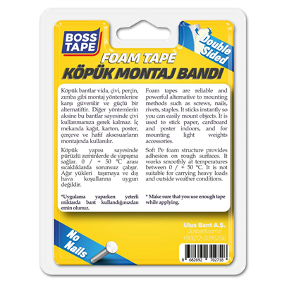 BOSS TAPE MONTAJ BANDI ÇİFT TARAFLI KÖPÜK BEYAZ 5 KG 19 MM x 2M BLS. BT-01012