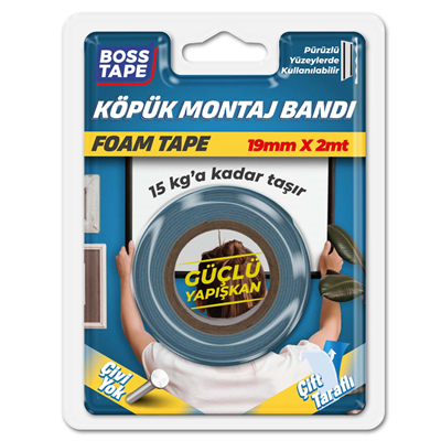 BOSS TAPE MONTAJ BANDI ÇİFT TARAFLI KÖPÜK BEYAZ 15 KG 19 MM x 2M BLS. BT-01016