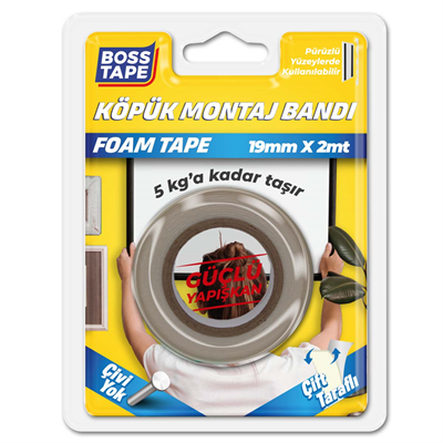 BOSS TAPE MONTAJ BANDI ÇİFT TARAFLI KÖPÜK BEYAZ 5 KG 19 MM x 2M BLS. BT-01012