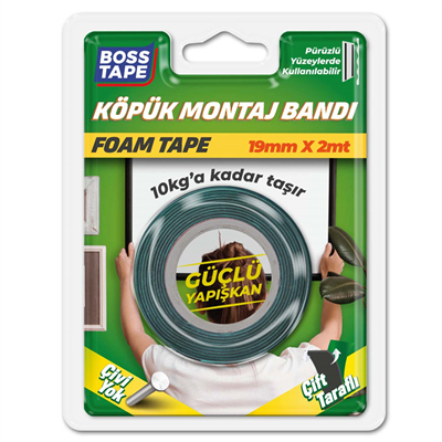 BOSS TAPE MONTAJ BANDI ÇİFT TARAFLI KÖPÜK SİYAH 10 KG 19 MM x 2M BLS. BT-01020