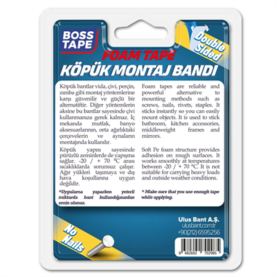 BOSS TAPE MONTAJ BANDI ÇİFT TARAFLI KÖPÜK BEYAZ 15 KG 19 MM x 2M BLS. BT-01016