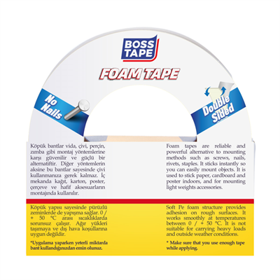 BOSS TAPE MONTAJ BANDI ÇİFT TARAFLI KÖPÜK BEYAZ 5 KG 18 MM x 10M BLS. BT-01011