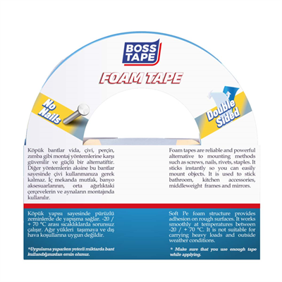 BOSS TAPE MONTAJ BANDI ÇİFT TARAFLI KÖPÜK BEYAZ 15 KG 18 MM x 10M BLS. BT-01015