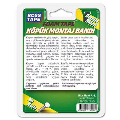 BOSS TAPE MONTAJ BANDI ÇİFT TARAFLI KÖPÜK SİYAH 10 KG 19 MM x 2M BLS. BT-01020