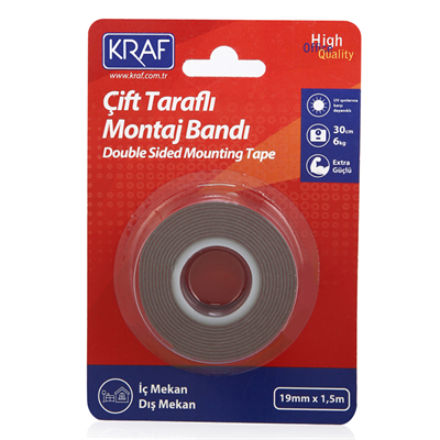Kraf 2520G Çift Taraflı Montaj Bandı - Ekstra Güçlü Dış Mekan (19mm x 1.5m)