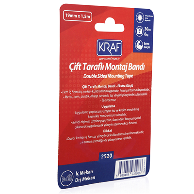 Kraf 2520G Çift Taraflı Montaj Bandı - Ekstra Güçlü Dış Mekan (19mm x 1.5m)