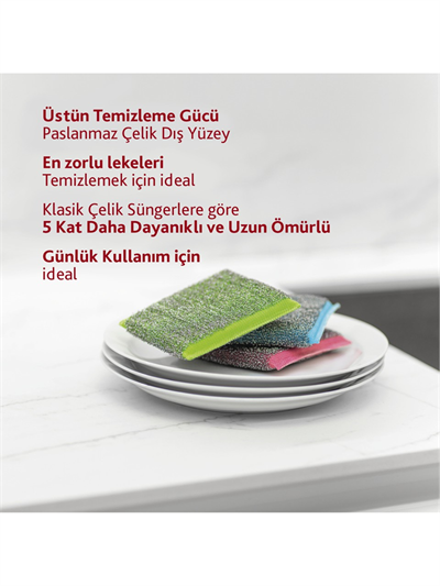 Vileda Glitzi Power Colors Çelik Dokulu Sünger Pad 3lü Paket (Profesyonel Endüstriyel Mutfak, Yemekhane ve Ağır Tesis Hijyen Nizam Serisi)