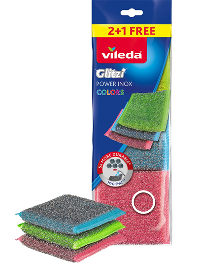 Vileda Glitzi Power Colors Çelik Dokulu Sünger Pad 3lü Paket (Profesyonel Endüstriyel Mutfak, Yemekhane ve Ağır Tesis Hijyen Nizam Serisi)