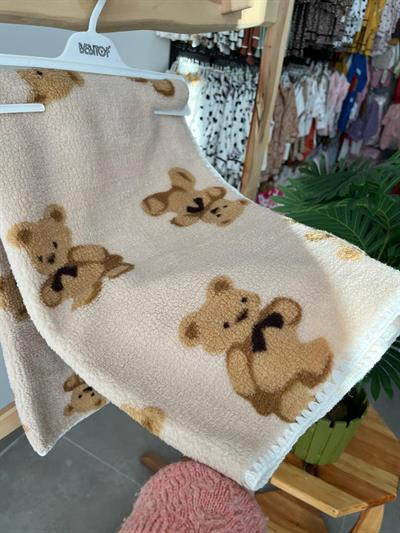 Ayıcıklı Peluş Battaniye Taş Rengi