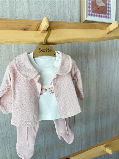 Bebe Yaka Ceketli Üçlü Takım Pembe