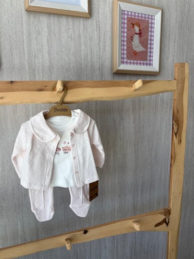 Bebe Yaka Ceketli Üçlü Takım Pudra