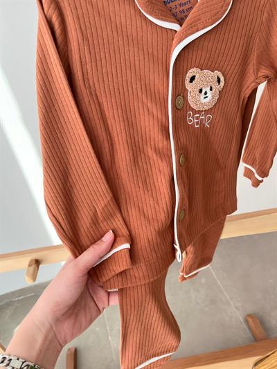 Fitilli Ayı Pijama Takımı Kahve